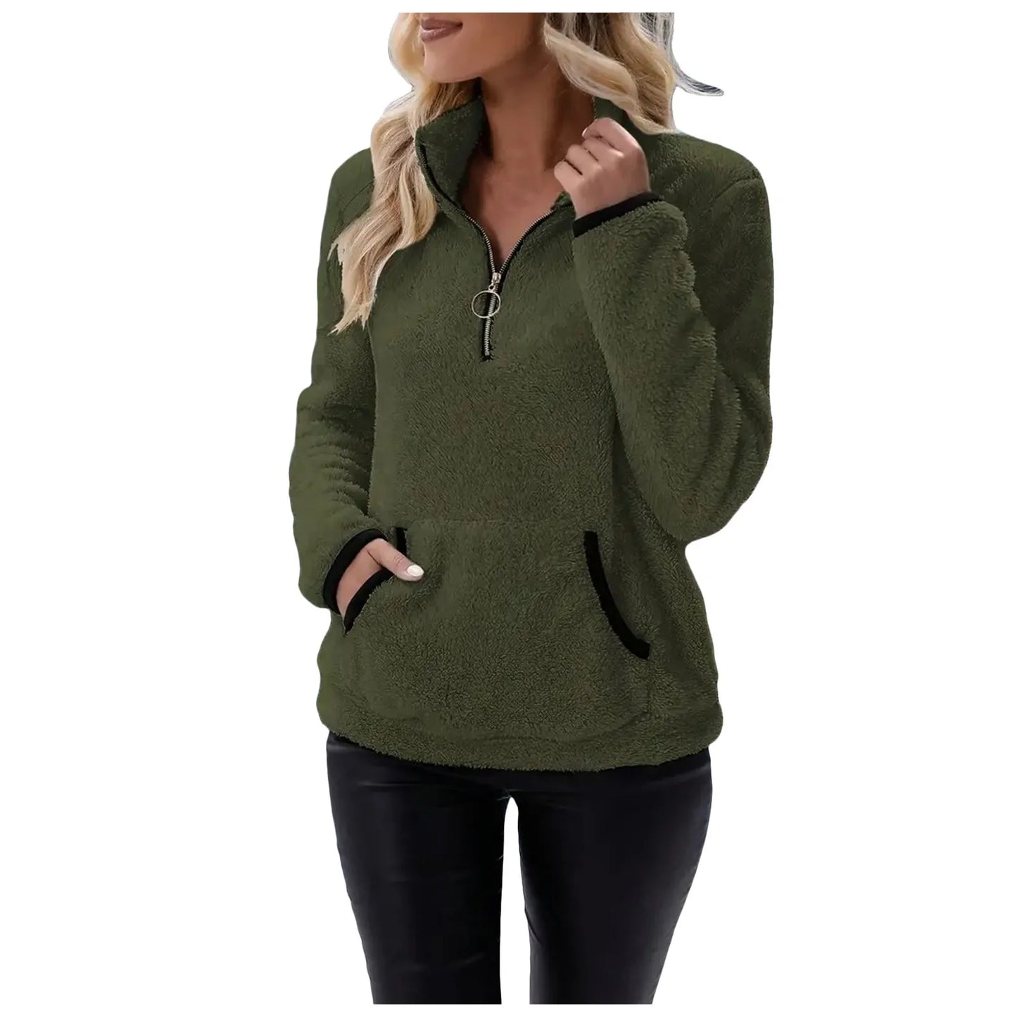 Half Zip Sweatshirts for Ladies Women's Soft Autumn And Winter Casual Sweatshirt With Side Pockets Zippers Warm Wool Pullover