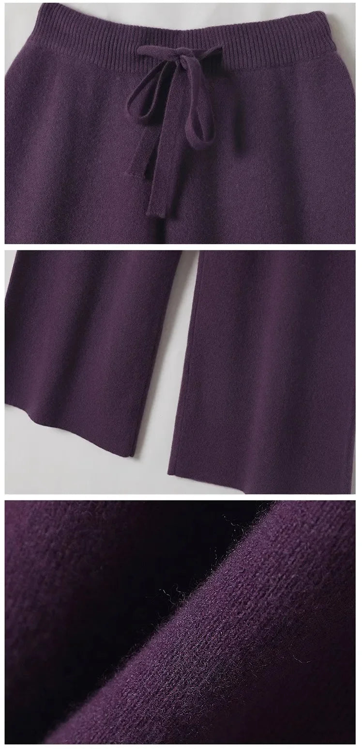 Wool Knitted Wide-Leg Pants for Women Loose Leisure All-Matching Soft Glutinous Thickened Straight Long Pants for Outer Wear
