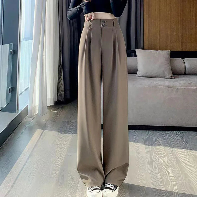 Women High Waist Suit Pants Lady Loose Straight Trousers Solid Color Spring Autumn Chic Streetwear Female Casual Wide Leg Pants