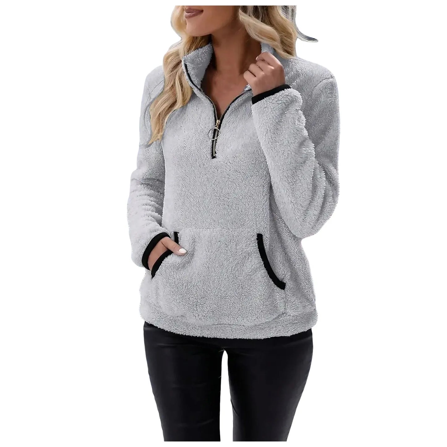 Half Zip Sweatshirts for Ladies Women's Soft Autumn And Winter Casual Sweatshirt With Side Pockets Zippers Warm Wool Pullover