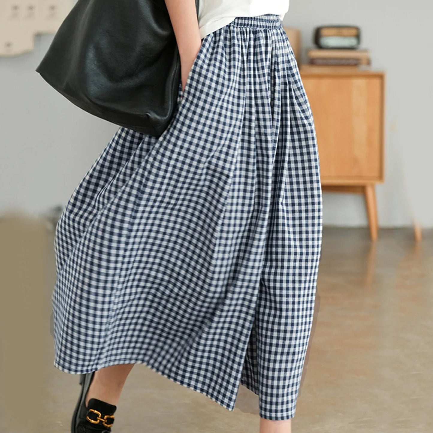 Checkered Culotte High-Waist Pleated Pants