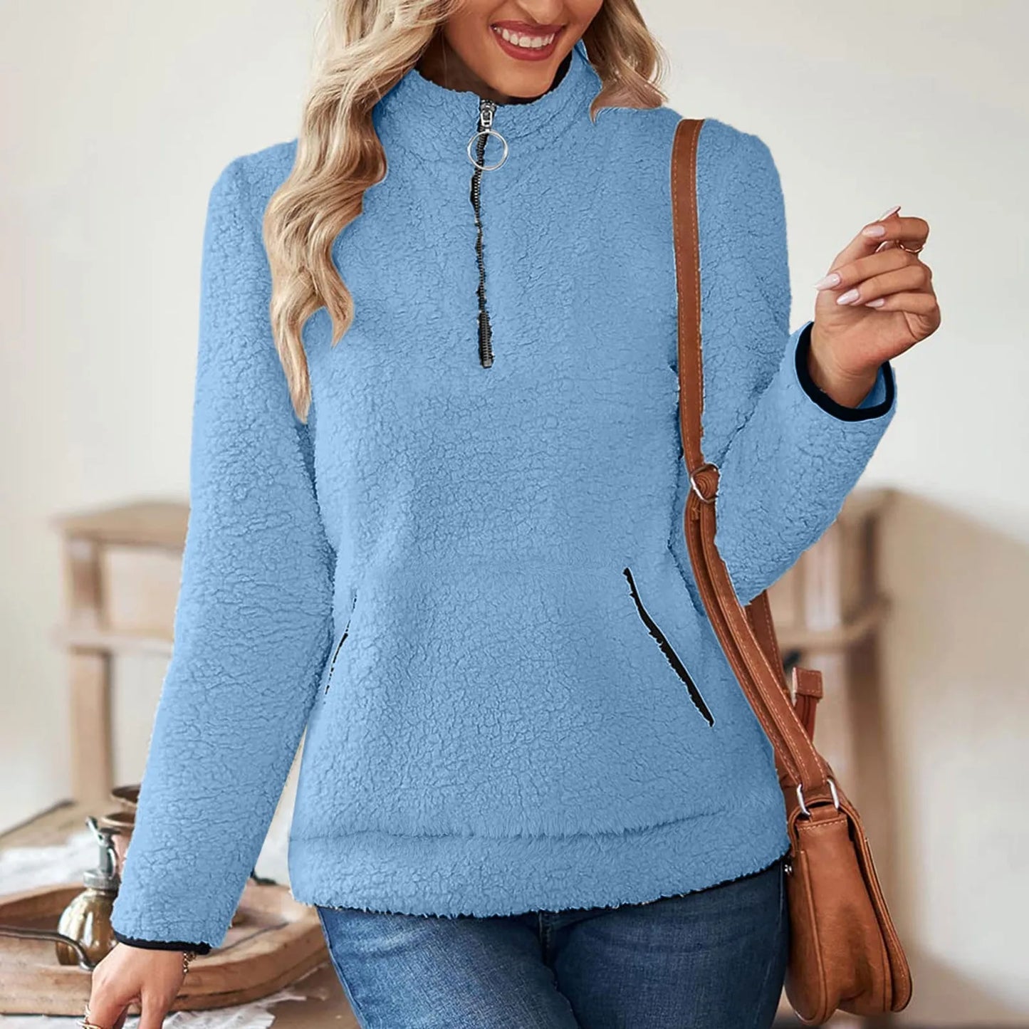 Half Zip Sweatshirts for Ladies Women's Soft Autumn And Winter Casual Sweatshirt With Side Pockets Zippers Warm Wool Pullover