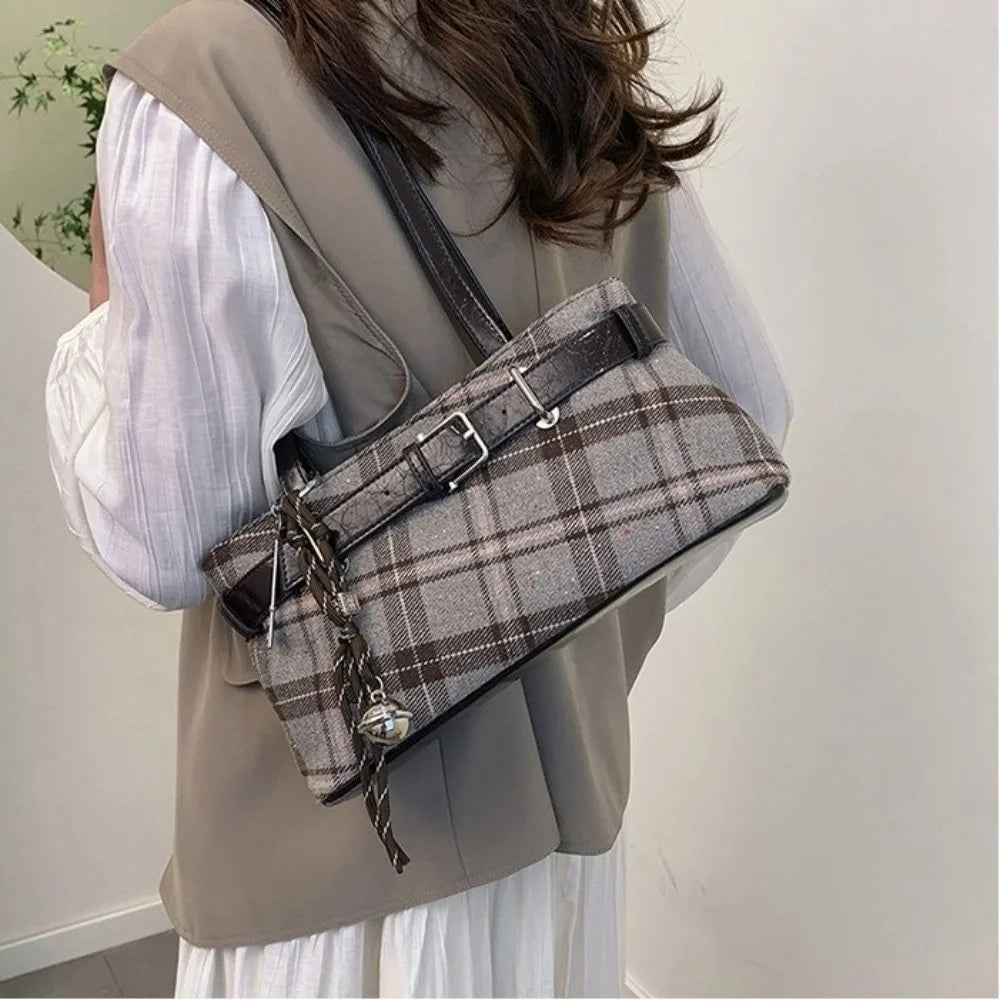 New Handbag Boho Shoulder Bag Bell Pendant Lightweight Tote Bag Plaid Underarm Bag Women Soft PU Checked Tote Cloth Shopping Bag