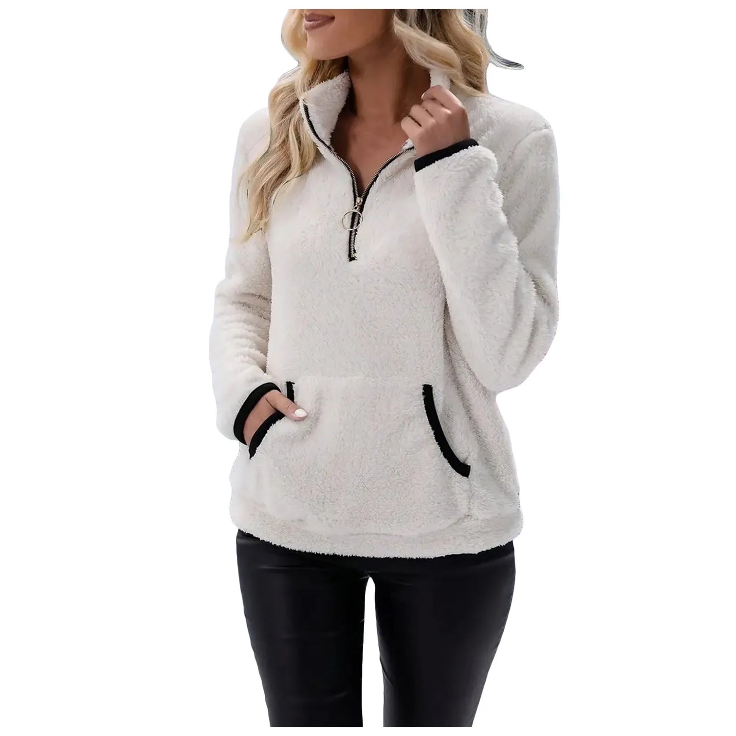 Half Zip Sweatshirts for Ladies Women's Soft Autumn And Winter Casual Sweatshirt With Side Pockets Zippers Warm Wool Pullover