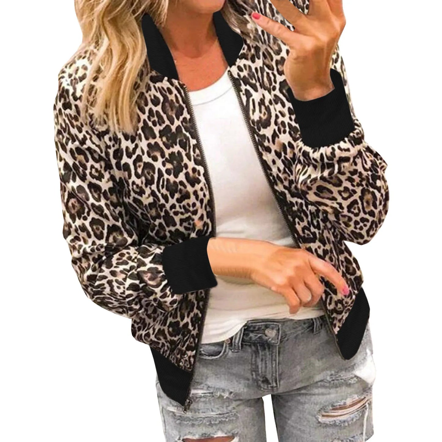 Fashion Leopard Printed Bomber Biker Jackets Women's Autumn Winter Casual Long Sleeve Pockets Coat Female Zipper Slim Outwears