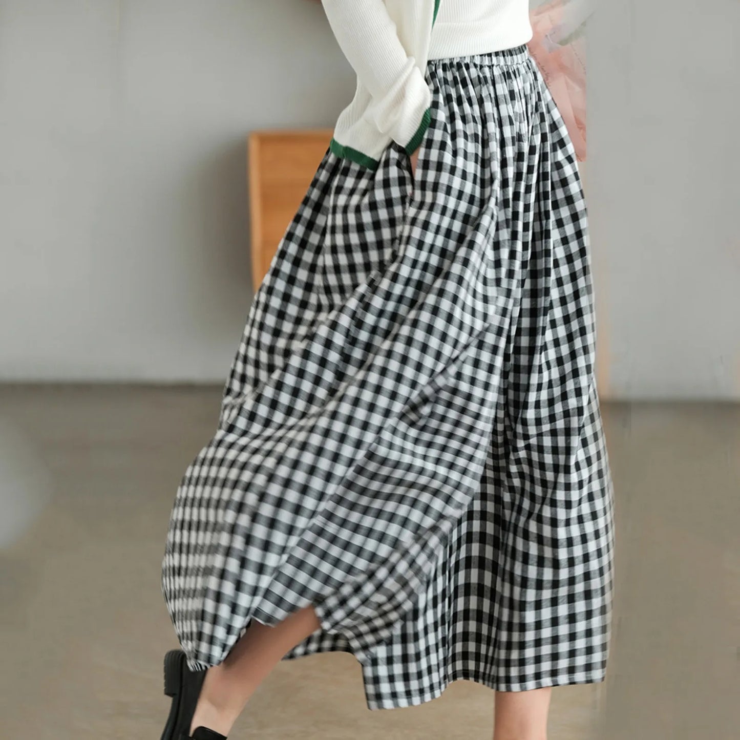 Checkered Culotte High-Waist Pleated Pants