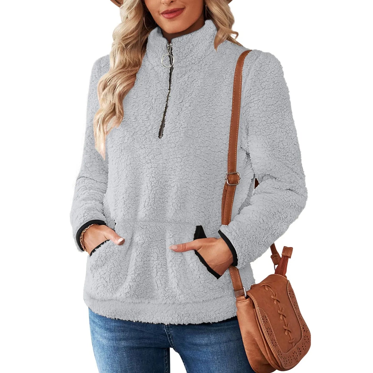 Half Zip Sweatshirts for Ladies Women's Soft Autumn And Winter Casual Sweatshirt With Side Pockets Zippers Warm Wool Pullover