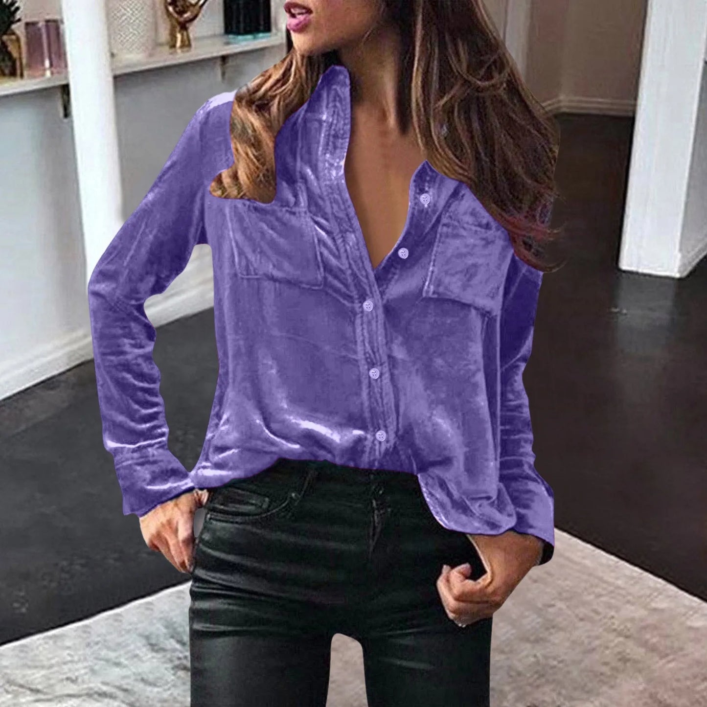 Women Fashion Solid Shirts Women Autumn Casual Long Sleeve Blouse Lapel Buttons Two Pockets Cotton Velvet Blend Tops chemise