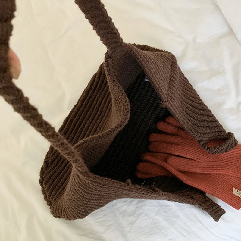 Retro Knitted Handbag for Women Autumn Winter New Design Solid Color Knitted Bag Large Capacity Travel Shoulder Bag