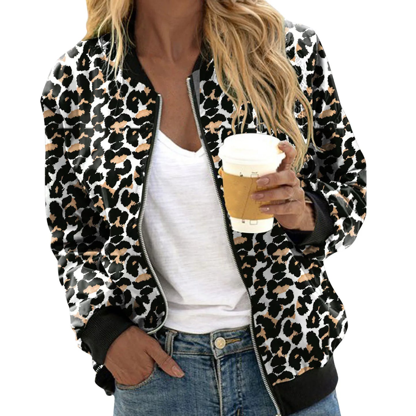 Fashion Leopard Printed Bomber Biker Jackets Women's Autumn Winter Casual Long Sleeve Pockets Coat Female Zipper Slim Outwears