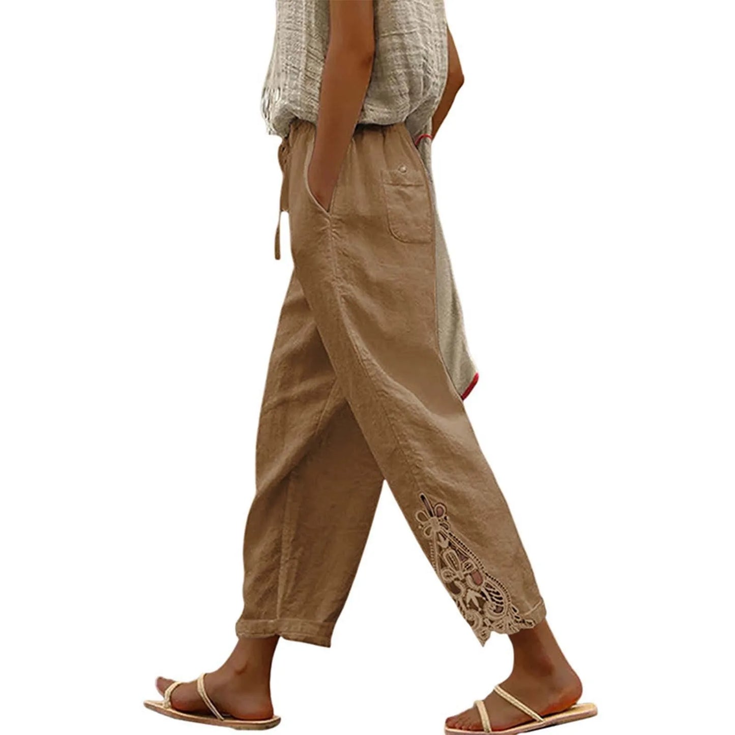 Linen Pants Women Summer Solid Color Lace Spliced Women's Pants High Waisted Drawstring Pocket Ladies Trousers Pantalones