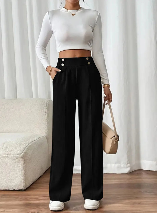 New European and American women's high-waist casual pants for women's comfortable loose draping straight-leg pants solid color p