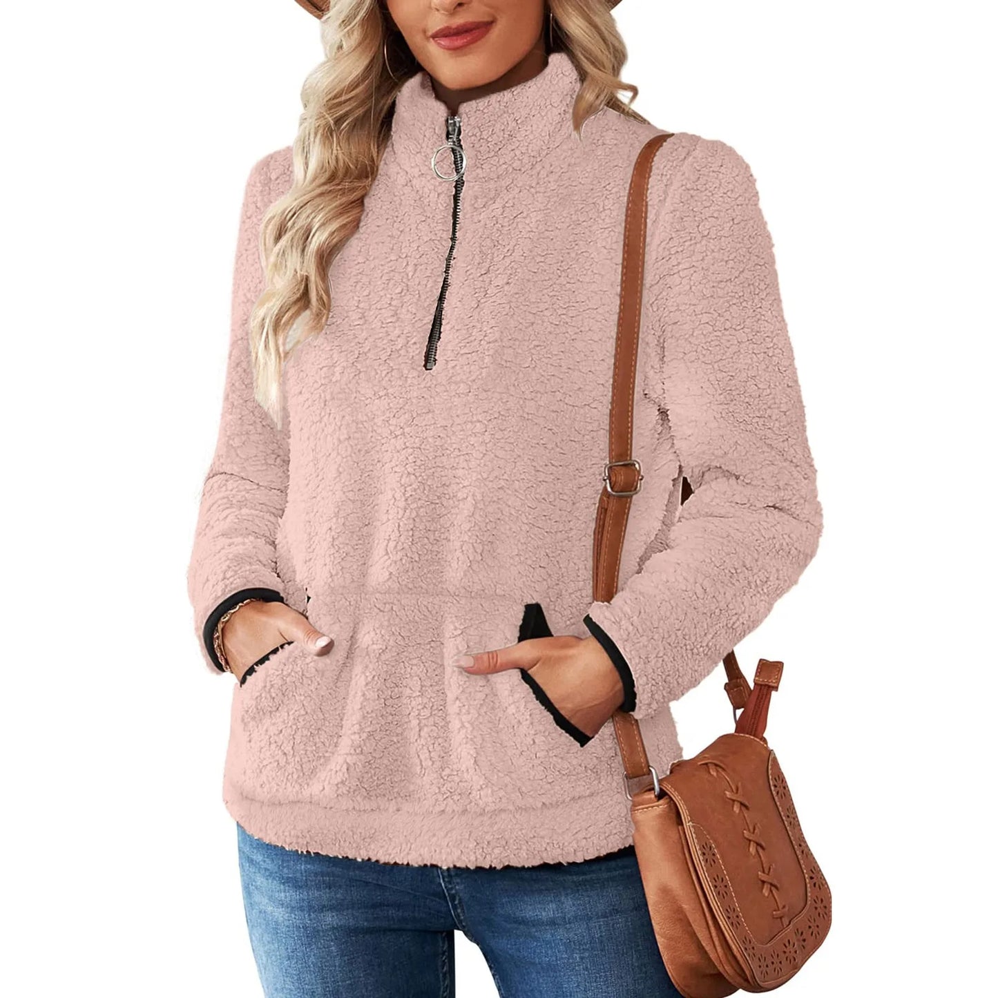 Half Zip Sweatshirts for Ladies Women's Soft Autumn And Winter Casual Sweatshirt With Side Pockets Zippers Warm Wool Pullover