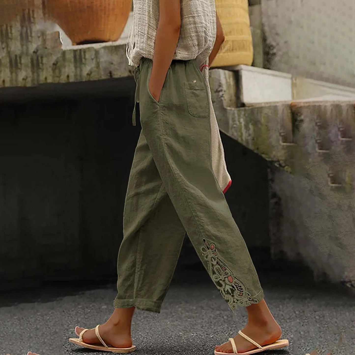 Linen Pants Women Summer Solid Color Lace Spliced Women's Pants High Waisted Drawstring Pocket Ladies Trousers Pantalones