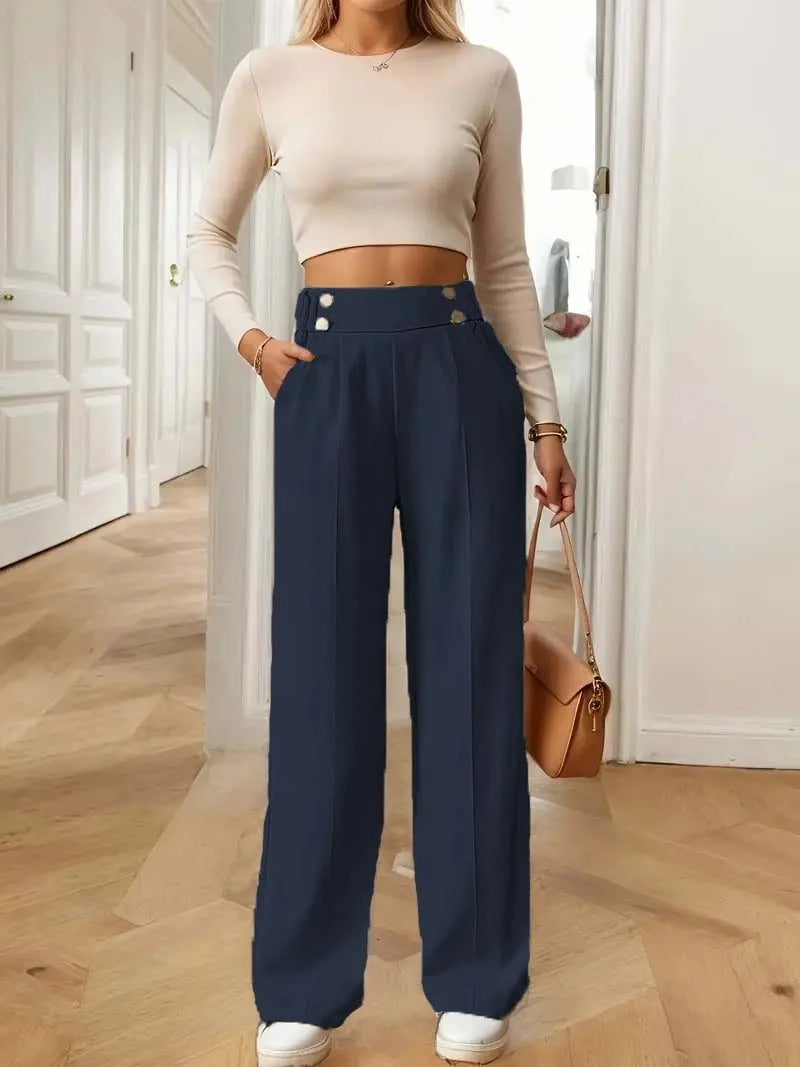 Women's High Waist Wide Leg Pants - 2025 New Flowy Floor-Length Trousers, Minimalist Straight Fit Lounge Pants with Elastic Wais