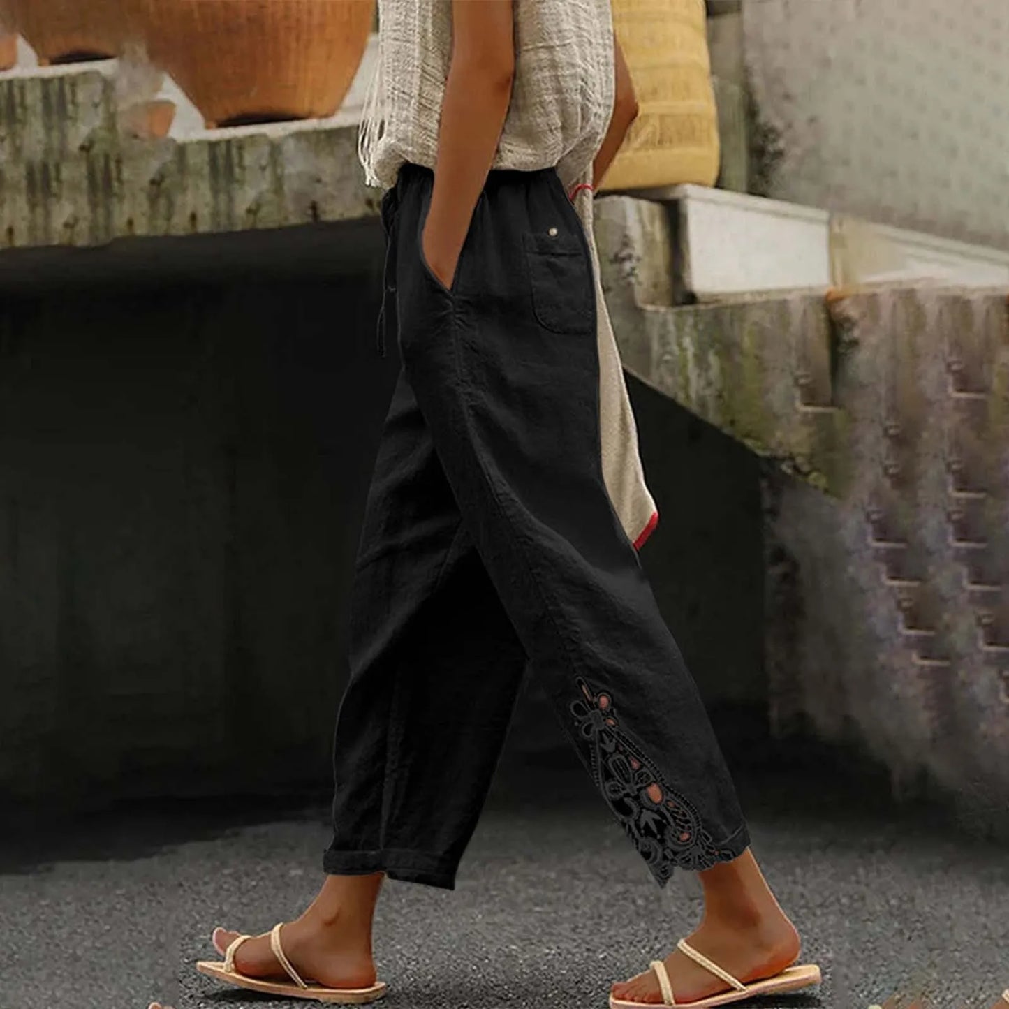 Linen Pants Women Summer Solid Color Lace Spliced Women's Pants High Waisted Drawstring Pocket Ladies Trousers Pantalones