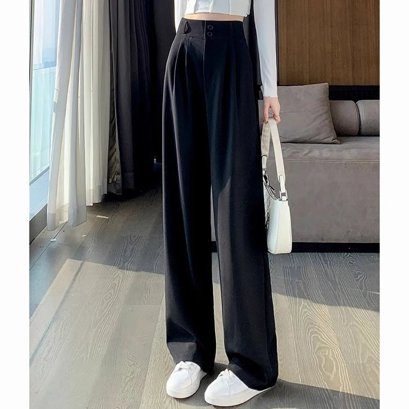 Women High Waist Suit Pants Lady Loose Straight Trousers Solid Color Spring Autumn Chic Streetwear Female Casual Wide Leg Pants