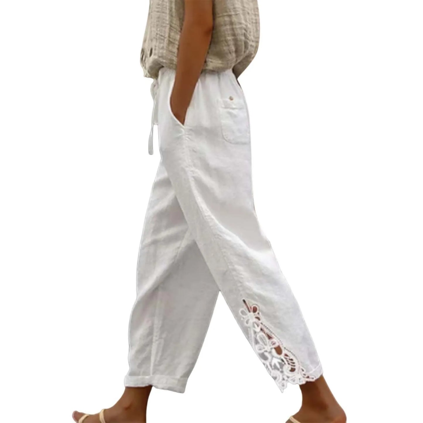 Linen Pants Women Summer Solid Color Lace Spliced Women's Pants High Waisted Drawstring Pocket Ladies Trousers Pantalones