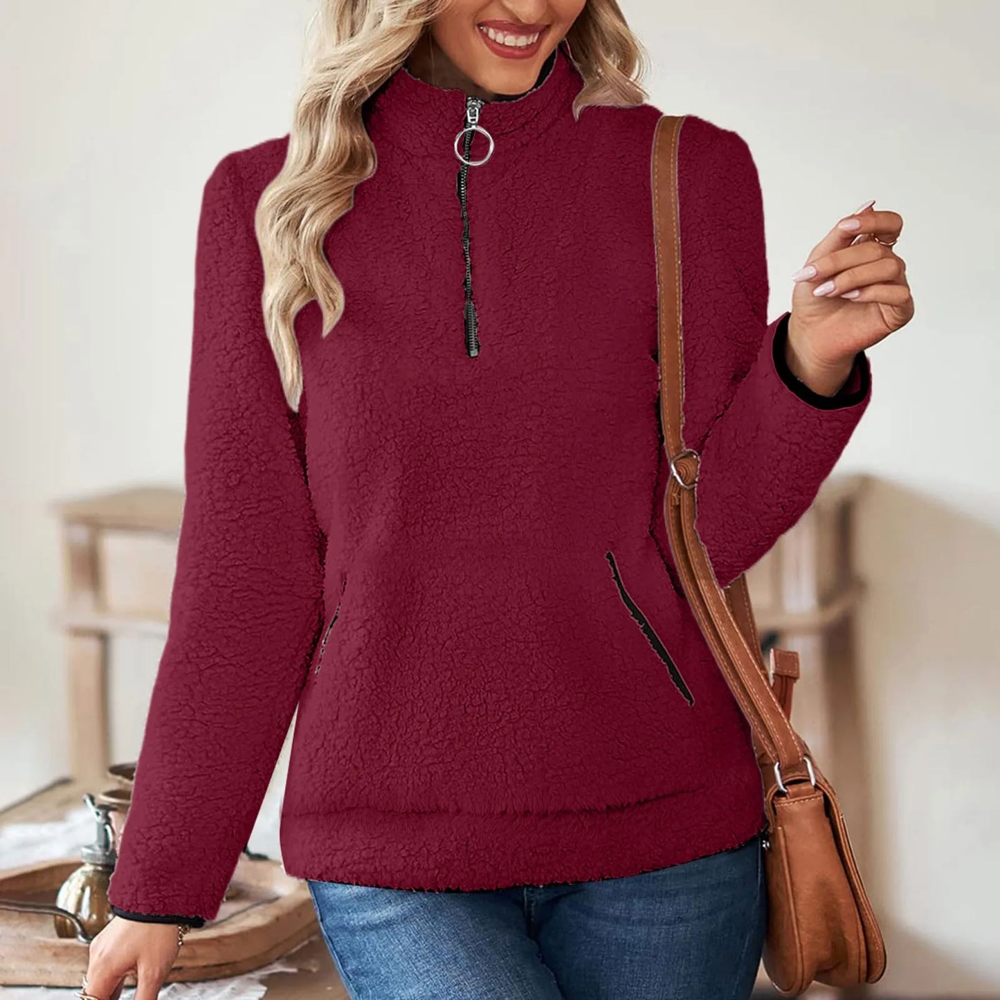 Half Zip Sweatshirts for Ladies Women's Soft Autumn And Winter Casual Sweatshirt With Side Pockets Zippers Warm Wool Pullover