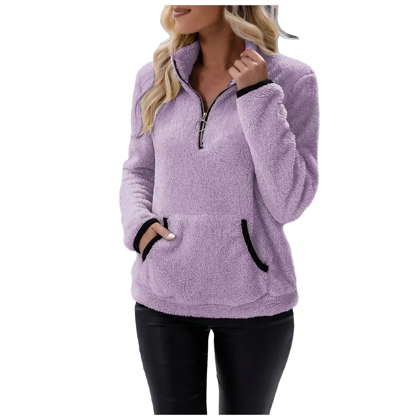 Half Zip Sweatshirts for Ladies Women's Soft Autumn And Winter Casual Sweatshirt With Side Pockets Zippers Warm Wool Pullover