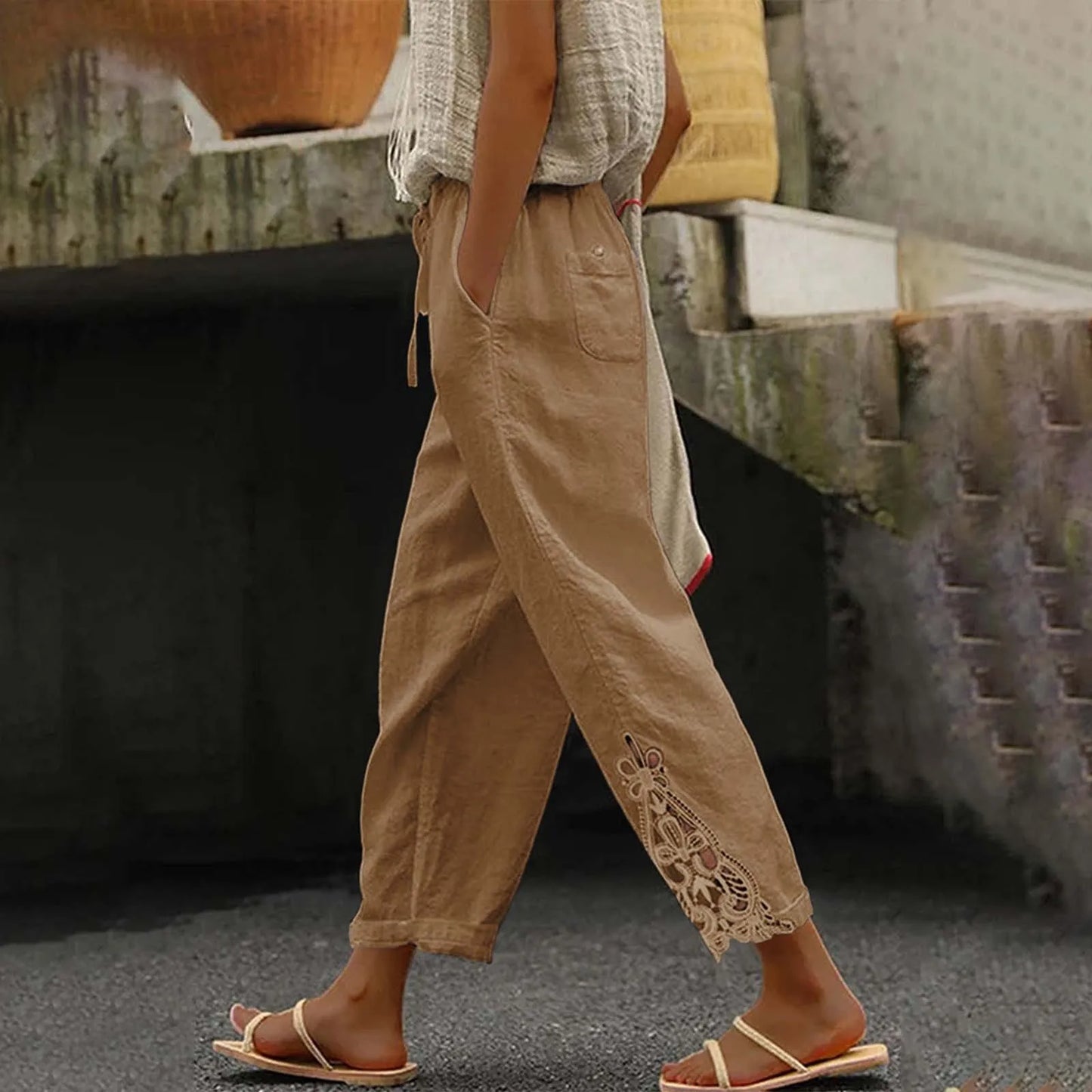 Linen Pants Women Summer Solid Color Lace Spliced Women's Pants High Waisted Drawstring Pocket Ladies Trousers Pantalones