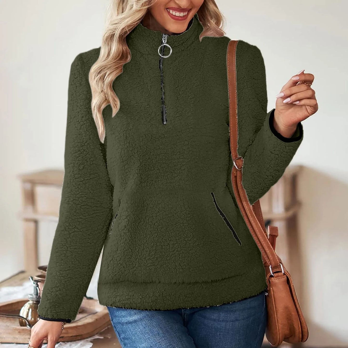 Half Zip Sweatshirts for Ladies Women's Soft Autumn And Winter Casual Sweatshirt With Side Pockets Zippers Warm Wool Pullover
