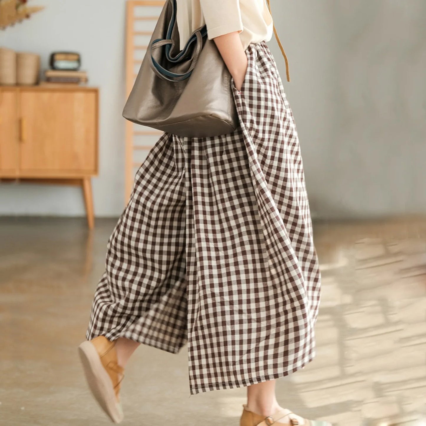 Checkered Culotte High-Waist Pleated Pants
