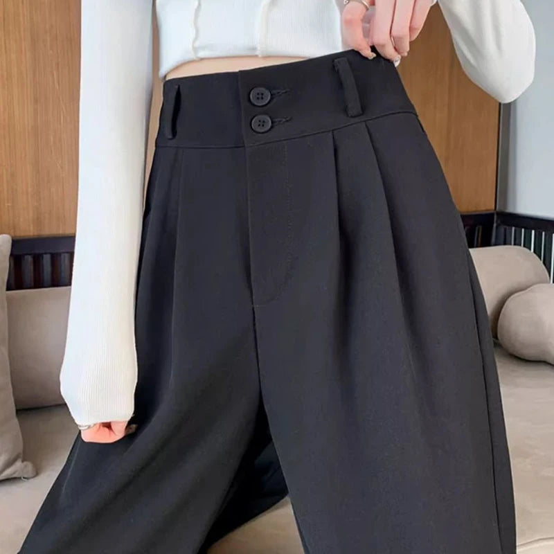 Women High Waist Suit Pants Lady Loose Straight Trousers Solid Color Spring Autumn Chic Streetwear Female Casual Wide Leg Pants