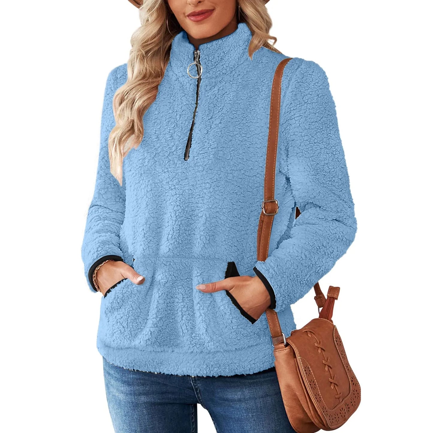 Half Zip Sweatshirts for Ladies Women's Soft Autumn And Winter Casual Sweatshirt With Side Pockets Zippers Warm Wool Pullover