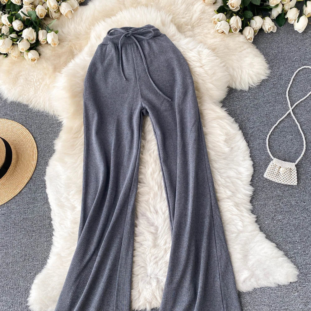 Women Long Pants Solid Fashion Spring Autumn High Elastic Waist Wide Leg Trousers Casual Sportswear Fitness Pants Trousers