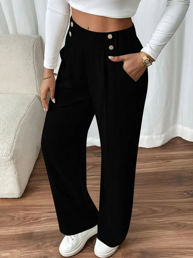 New European and American women's high-waist casual pants for women's comfortable loose draping straight-leg pants solid color p