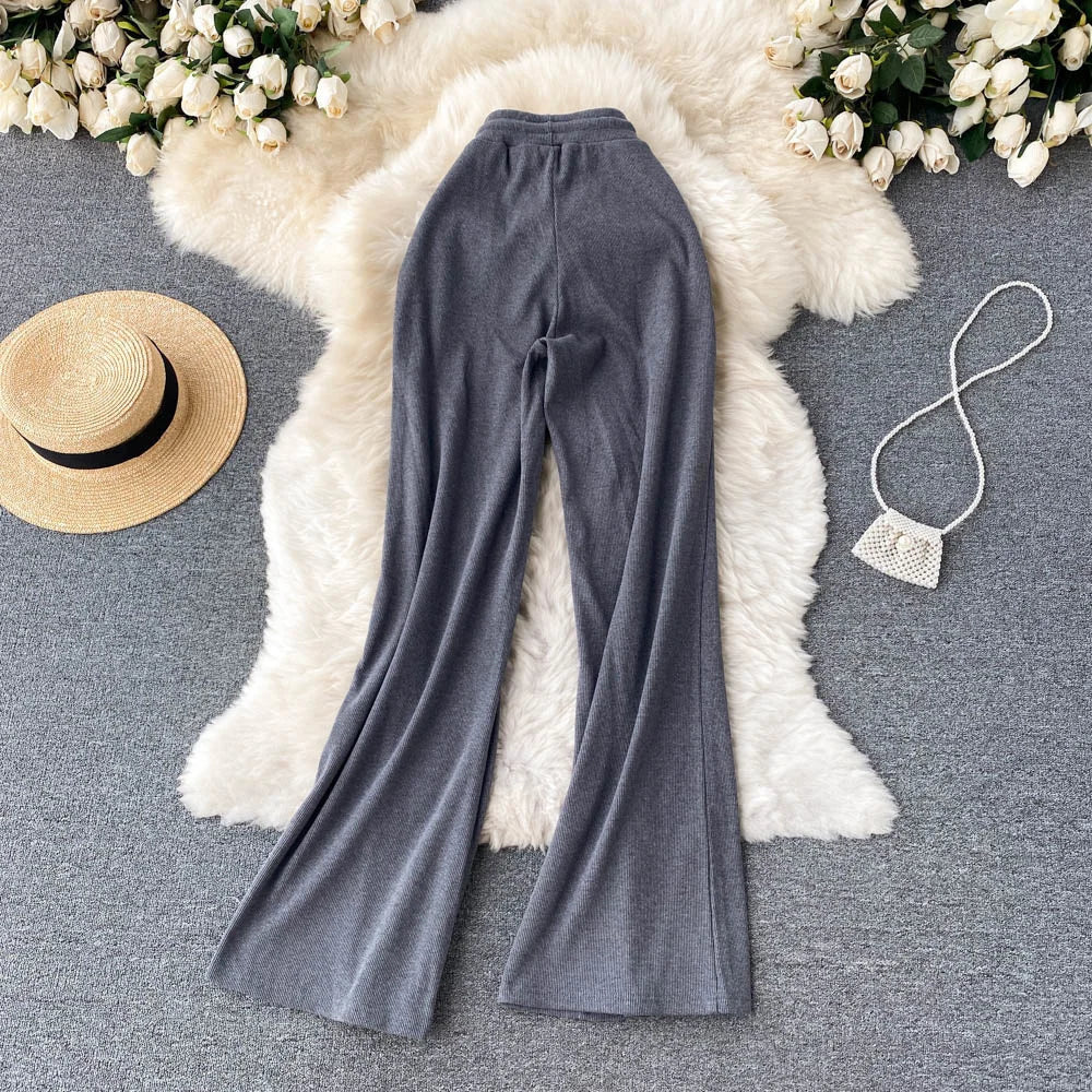 Women Long Pants Solid Fashion Spring Autumn High Elastic Waist Wide Leg Trousers Casual Sportswear Fitness Pants Trousers