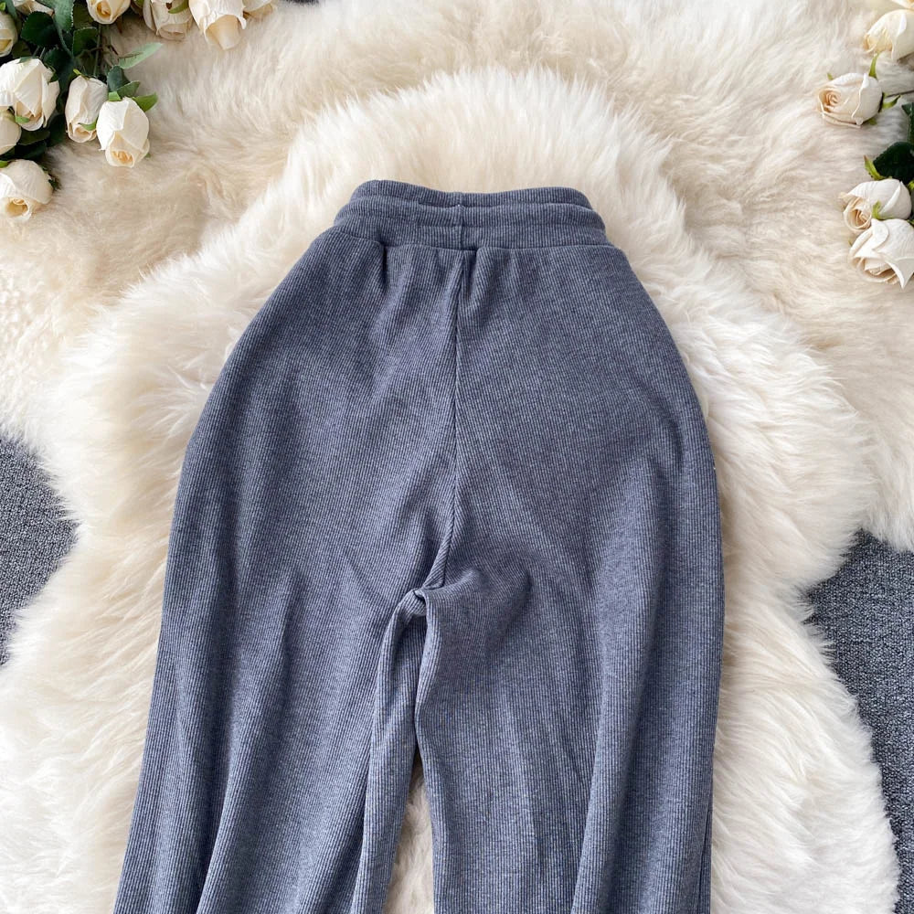 Women Long Pants Solid Fashion Spring Autumn High Elastic Waist Wide Leg Trousers Casual Sportswear Fitness Pants Trousers