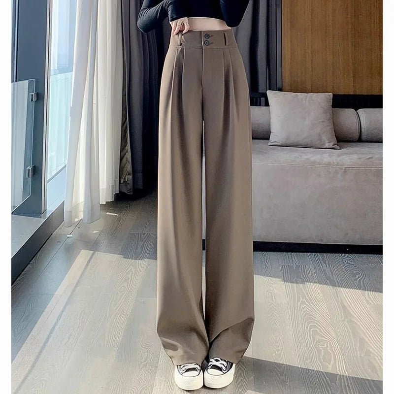 Women High Waist Suit Pants Lady Loose Straight Trousers Solid Color Spring Autumn Chic Streetwear Female Casual Wide Leg Pants