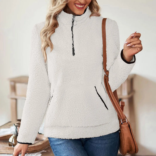 Half Zip Sweatshirts for Ladies Women's Soft Autumn And Winter Casual Sweatshirt With Side Pockets Zippers Warm Wool Pullover