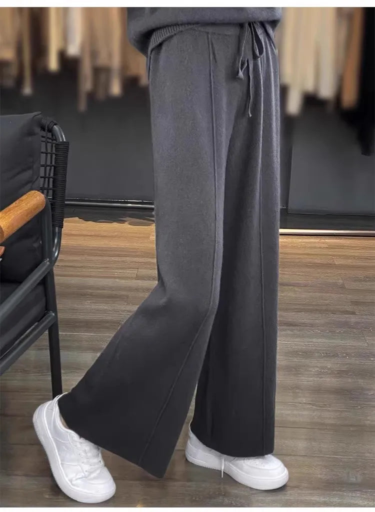 Women Pants Full Length Elastic Waist Knitted Pant Haigh Waist Wide Leg Autumn Winter Warm Stretch Trousers Casual Korean Pants