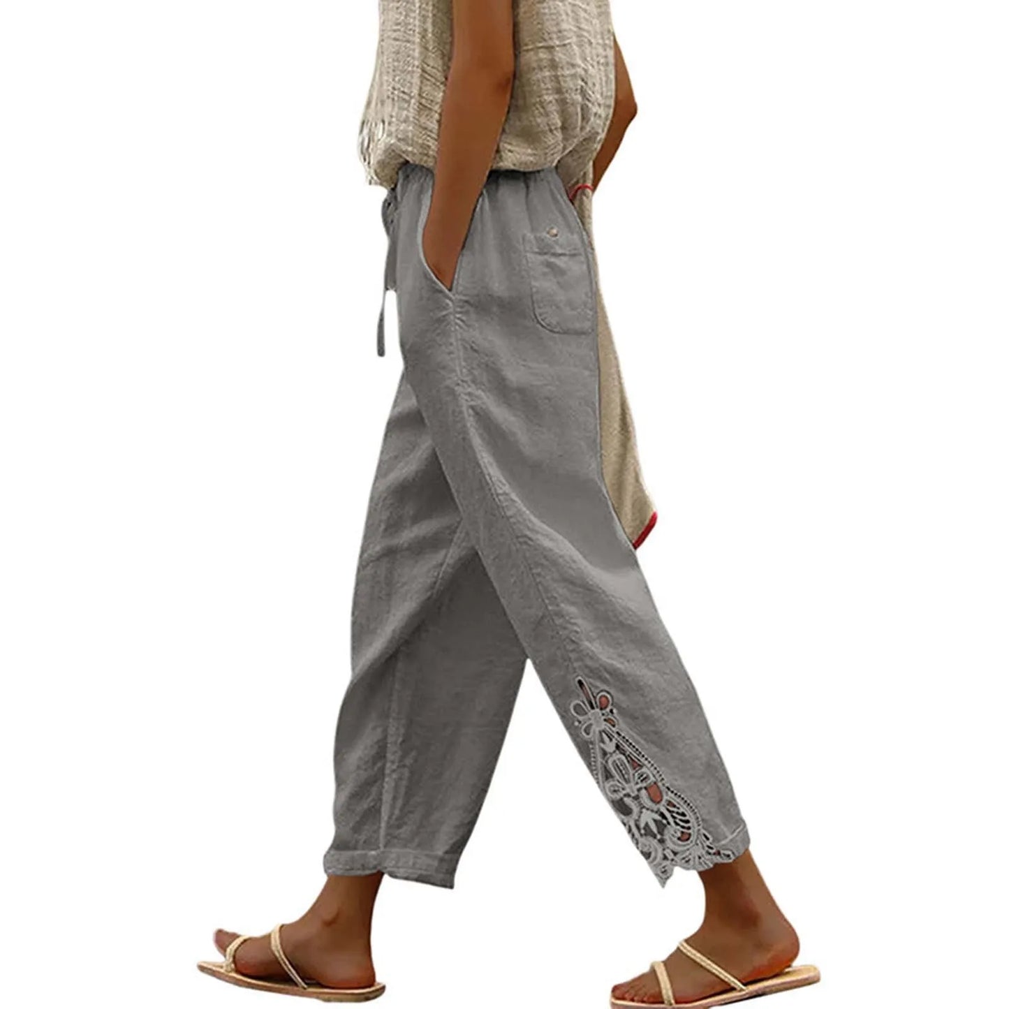 Linen Pants Women Summer Solid Color Lace Spliced Women's Pants High Waisted Drawstring Pocket Ladies Trousers Pantalones