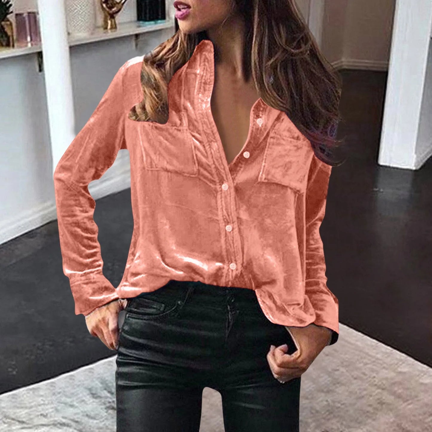 Women Fashion Solid Shirts Women Autumn Casual Long Sleeve Blouse Lapel Buttons Two Pockets Cotton Velvet Blend Tops chemise