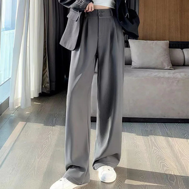 Women High Waist Suit Pants Lady Loose Straight Trousers Solid Color Spring Autumn Chic Streetwear Female Casual Wide Leg Pants