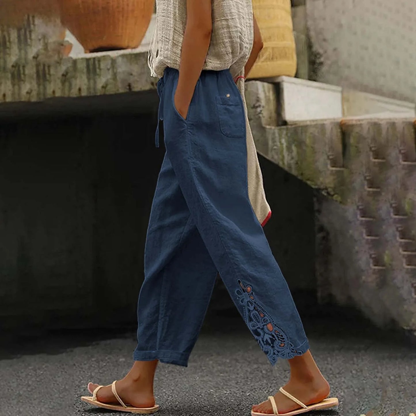 Linen Pants Women Summer Solid Color Lace Spliced Women's Pants High Waisted Drawstring Pocket Ladies Trousers Pantalones