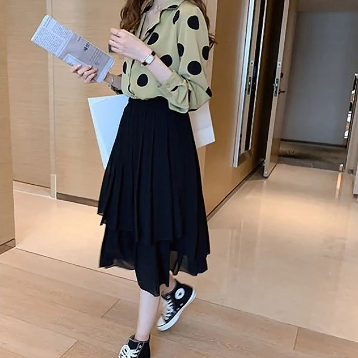 Elegant Polka Dot Print Chiffon Blouse