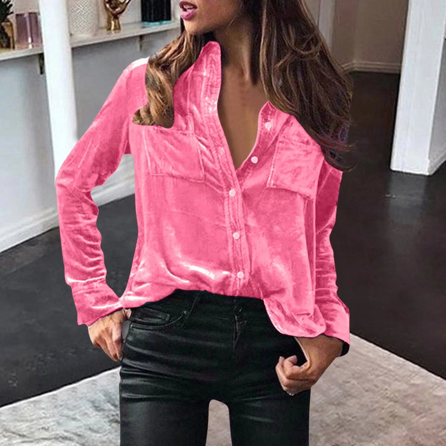 Women Fashion Solid Shirts Women Autumn Casual Long Sleeve Blouse Lapel Buttons Two Pockets Cotton Velvet Blend Tops chemise