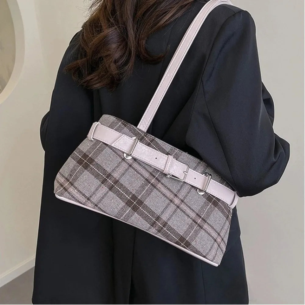 New Handbag Boho Shoulder Bag Bell Pendant Lightweight Tote Bag Plaid Underarm Bag Women Soft PU Checked Tote Cloth Shopping Bag