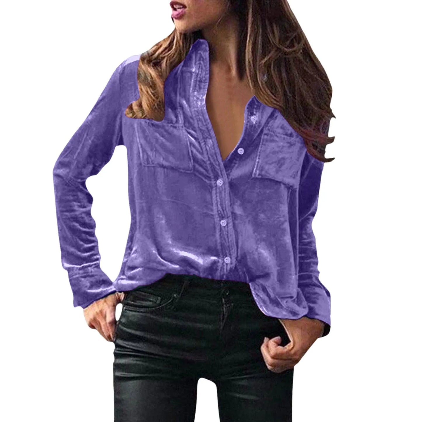 Women Fashion Solid Shirts Women Autumn Casual Long Sleeve Blouse Lapel Buttons Two Pockets Cotton Velvet Blend Tops chemise