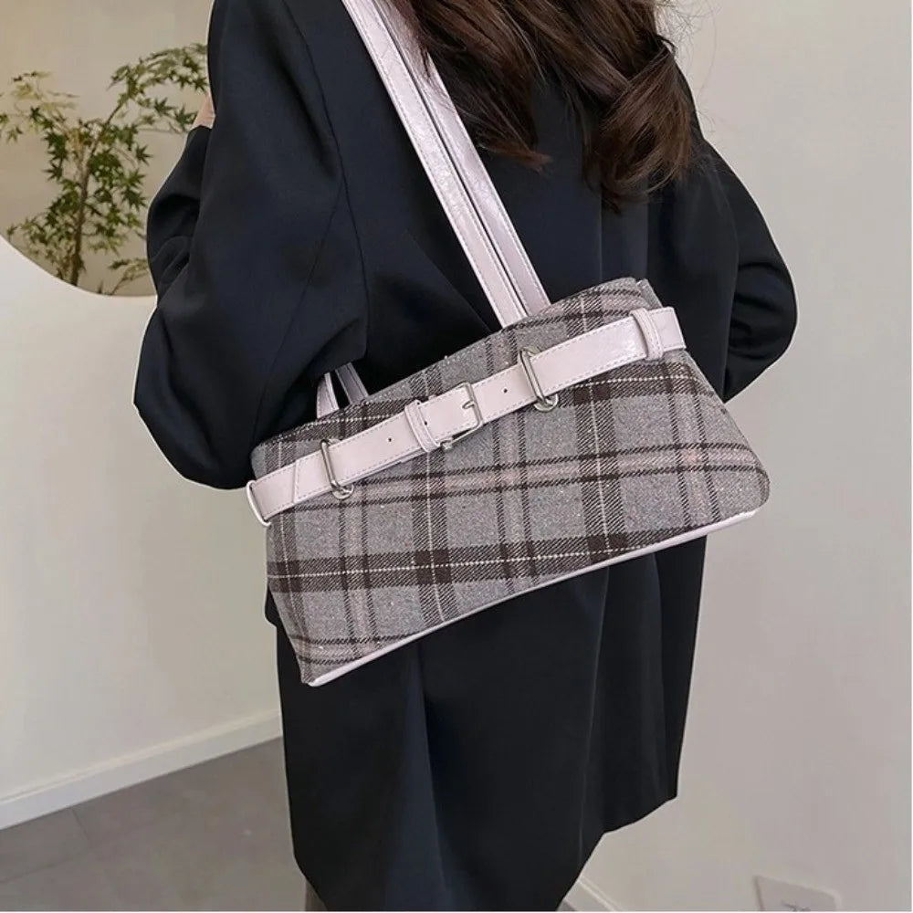 New Handbag Boho Shoulder Bag Bell Pendant Lightweight Tote Bag Plaid Underarm Bag Women Soft PU Checked Tote Cloth Shopping Bag
